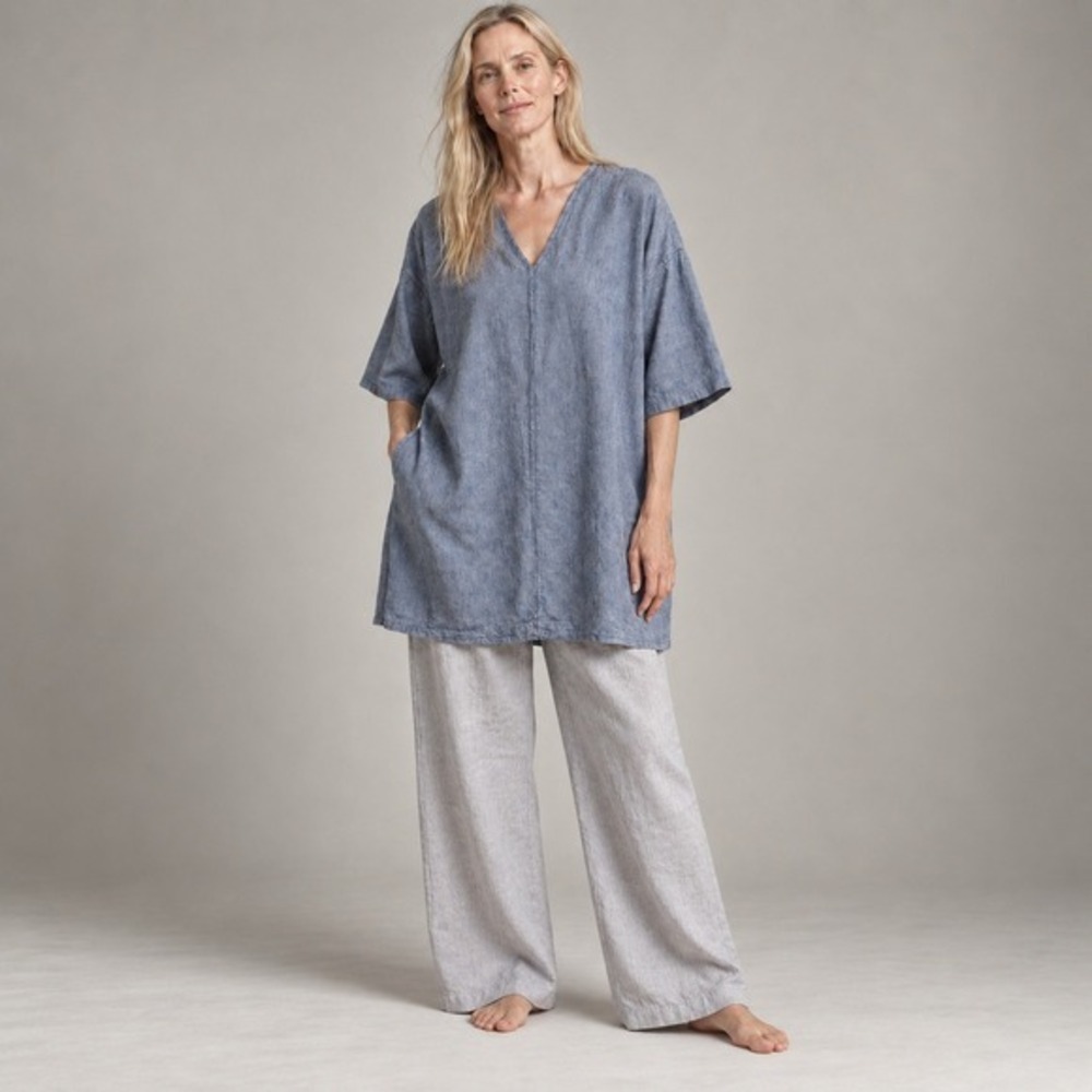 Bryn Walker Bingley Denim Blue Linen V-Neck Tunic Dress Sz M